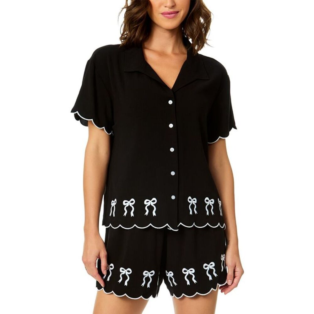 Cece Womens  Scalloped Embroidery Shirt, Black
